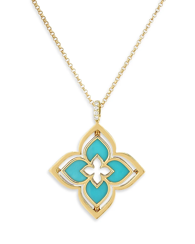 Roberto Coin 18K Yellow Gold Venetian Princess Pirouette Turquoise & Diamond Reversible Flower Pendant Necklace, 16-17