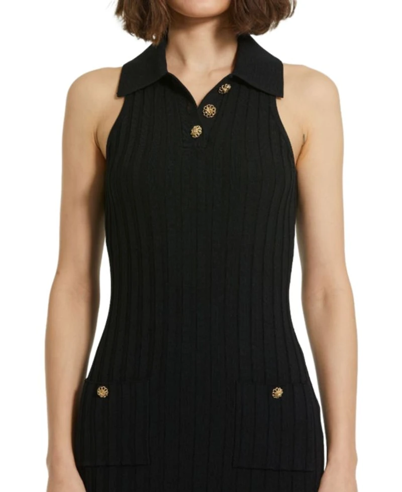 Rib Knit Collared Sleeveless Fitted Maxi Dress