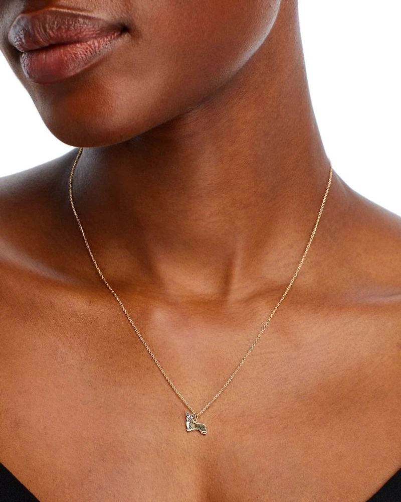 14K Yellow Gold White Sapphire Corgi Pendant Necklace, 16-18"