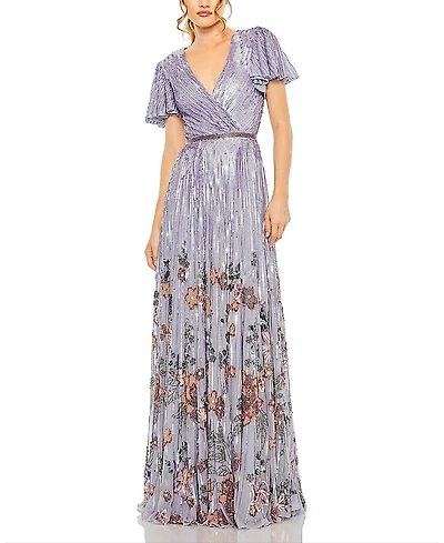 Mac Duggal Flounce Sleeve V Neck Gown