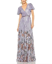 Mac Duggal Flounce Sleeve V Neck Gown