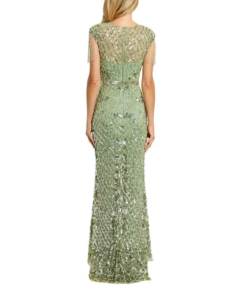 High Neck Sleeveless Beaded Fringe Fitted Gown