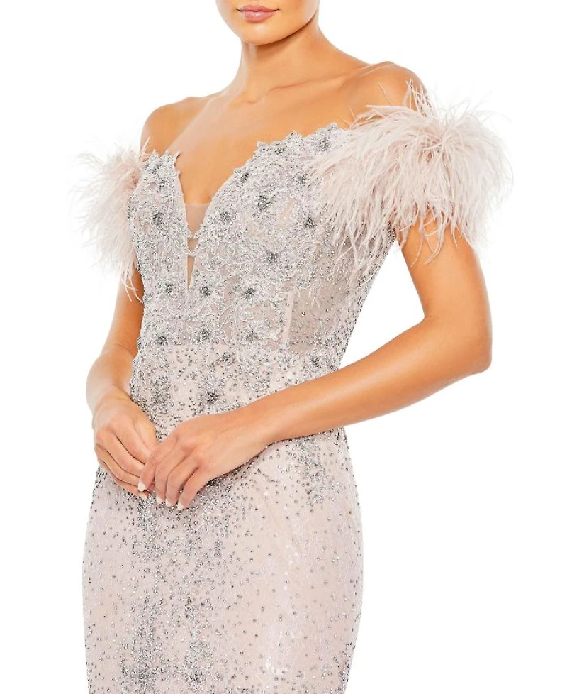 Feathered Crystal Embellished Sleeveless Gown