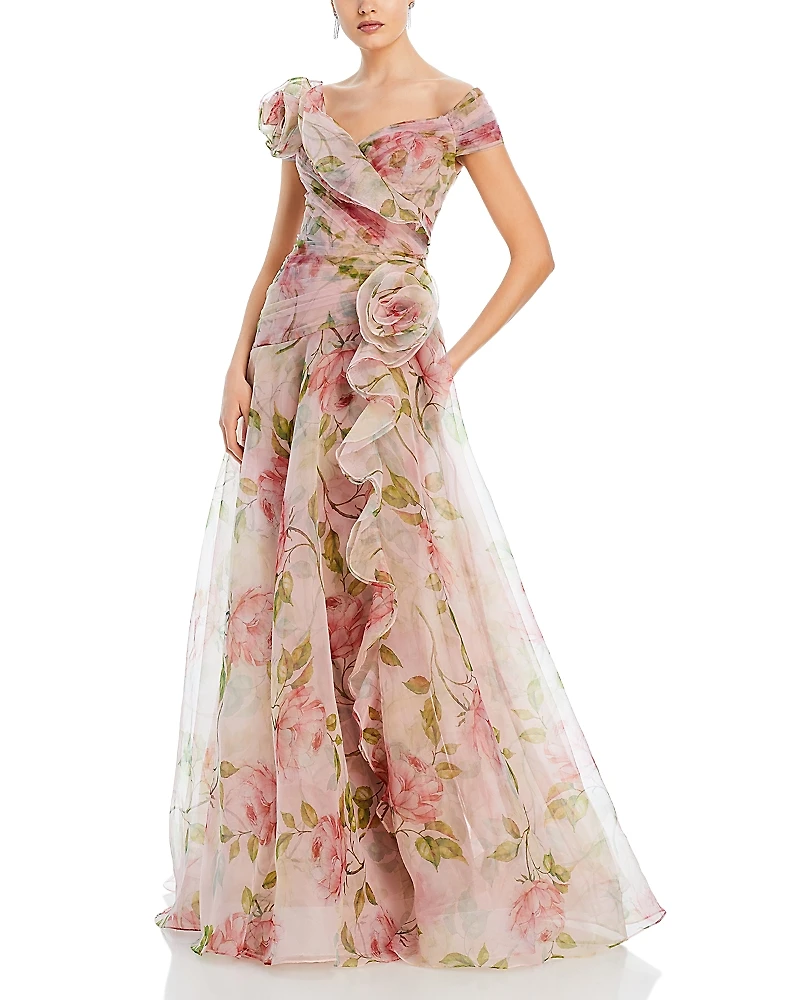 Teri Jon by Rickie Freeman Organza Ruffled Rosette Gown