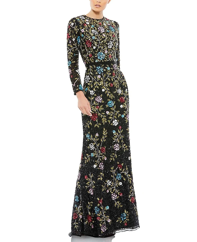 Mac Duggal Floral Long Sleeve Gown