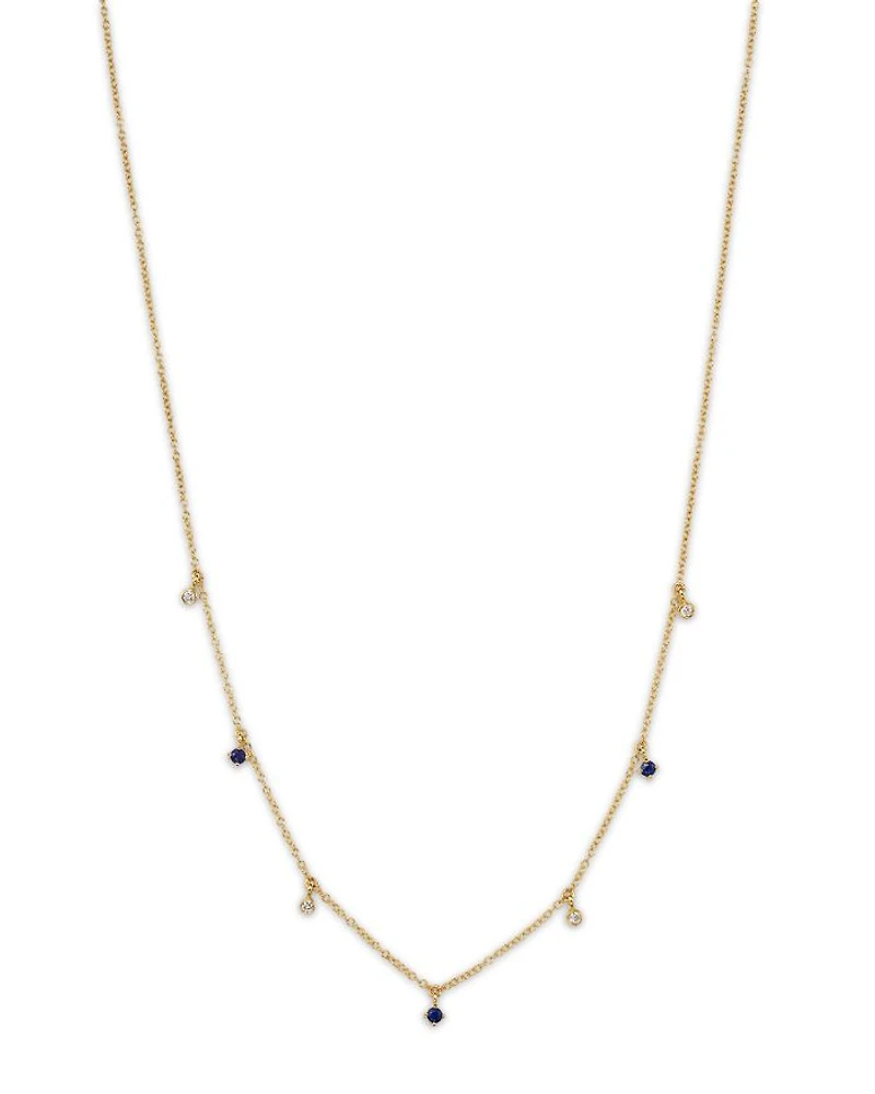 14K Yellow Gold Dangling Station Blue Sapphire & Diamond Necklace, 14"