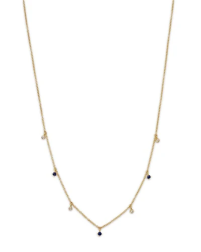14K Yellow Gold Dangling Station Blue Sapphire & Diamond Necklace, 14"