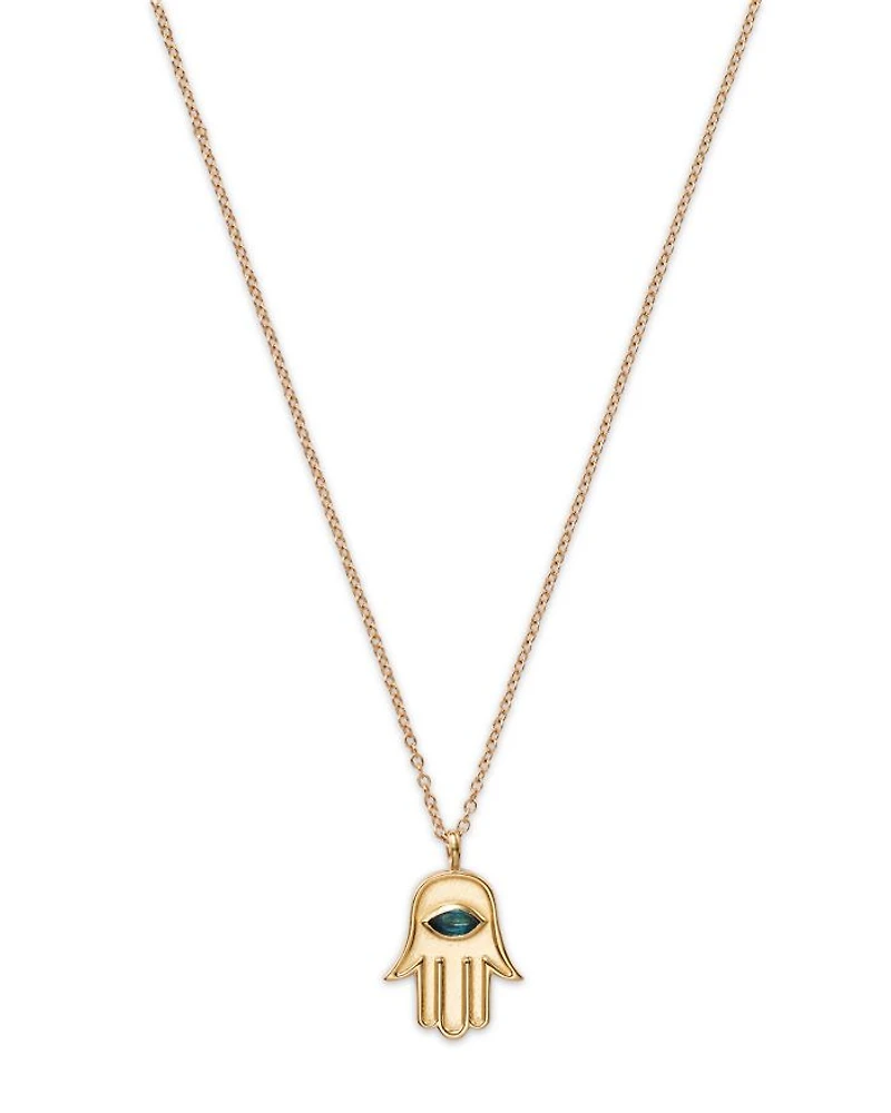 14K Yellow Gold Blue Topaz Marquis Hamsa Hand Pendant Necklace, 16-18"
