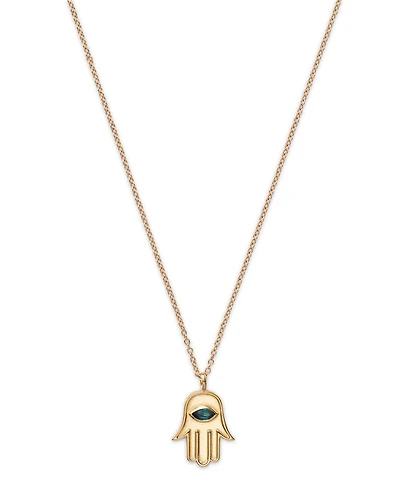 14K Yellow Gold Blue Topaz Marquis Hamsa Hand Pendant Necklace, 16-18"