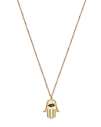 14K Yellow Gold Blue Topaz Marquis Hamsa Hand Pendant Necklace, 16-18"