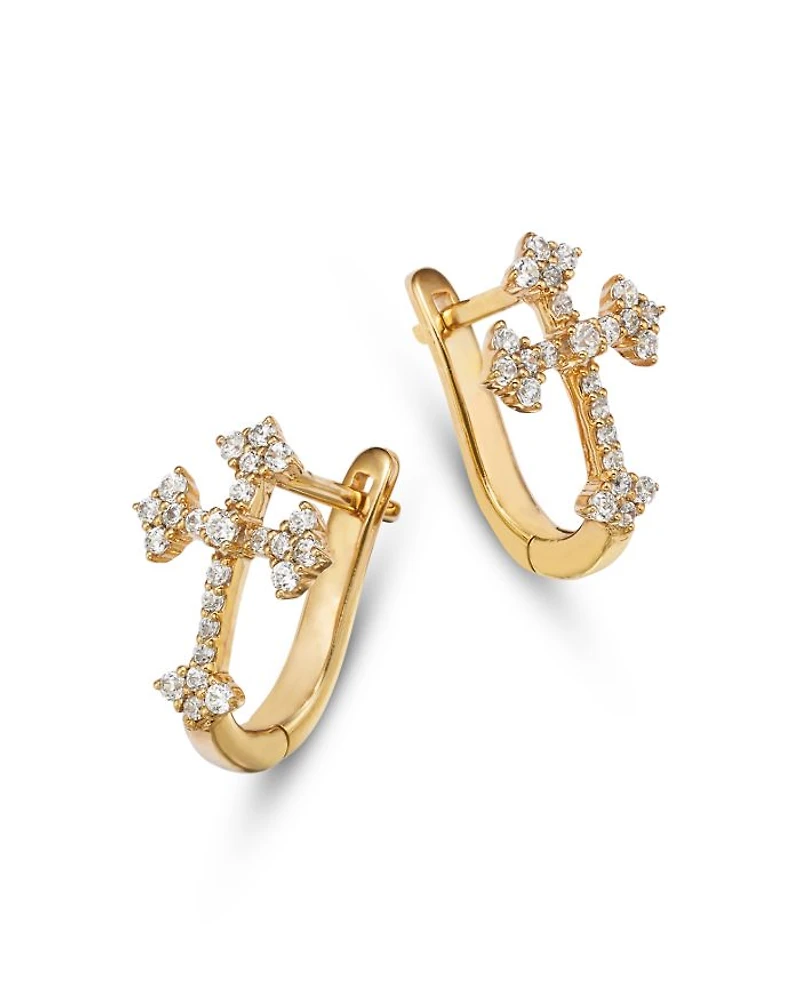 Diamond Cross Hoop Earrings in 14K Yellow Gold, 0.25 tcw