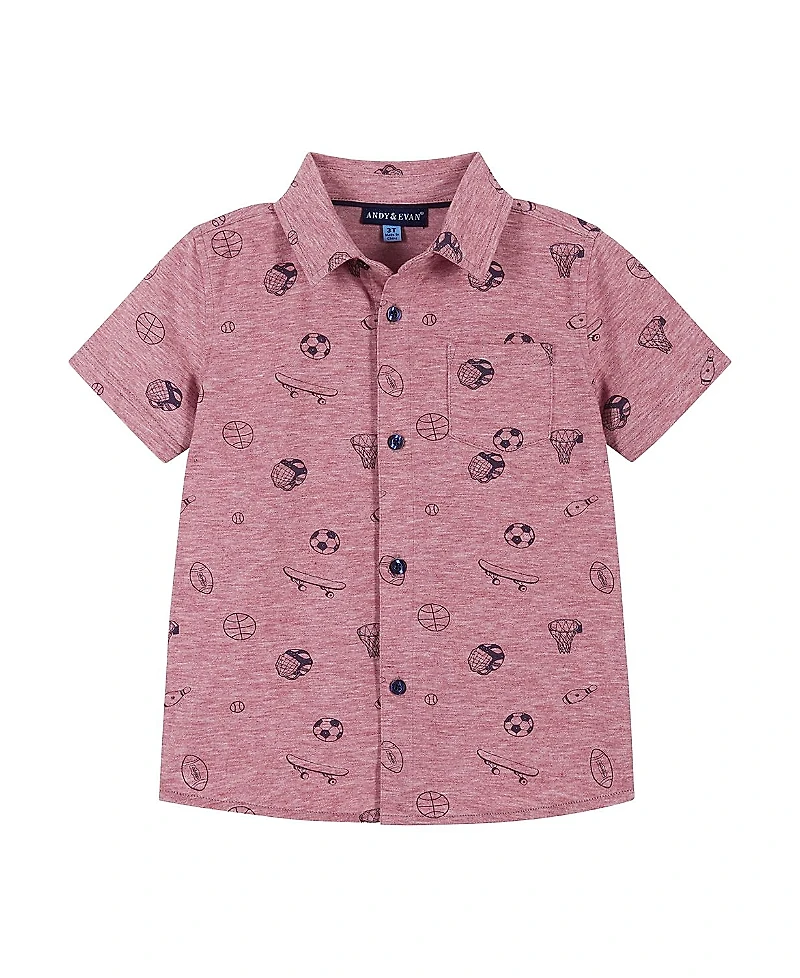 Andy & Evan Boys' Sports Print Short Sleeve Knit Buttondown Shirt - Little Kid, Big Kid
