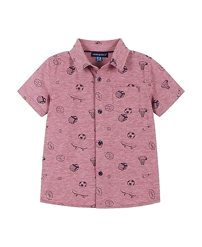 Andy & Evan Boys' Sports Print Short Sleeve Knit Buttondown Shirt - Little Kid, Big Kid