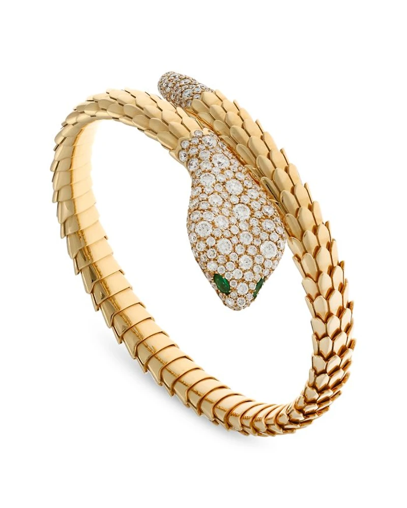18K Yellow Gold Serpent Diamond & Emerald Bangle Bracelet - Exclusive
