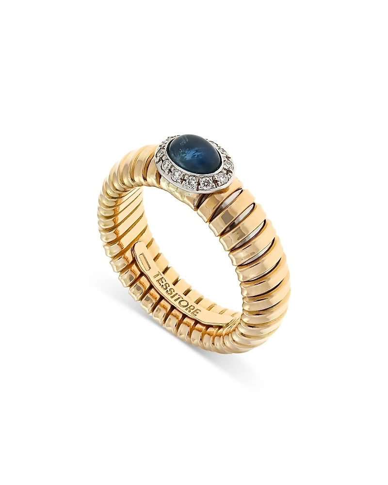Alberto Milani 18K Yellow Gold Via Giardino Tubogas Domed Sapphire Cabochon & Diamond Ring