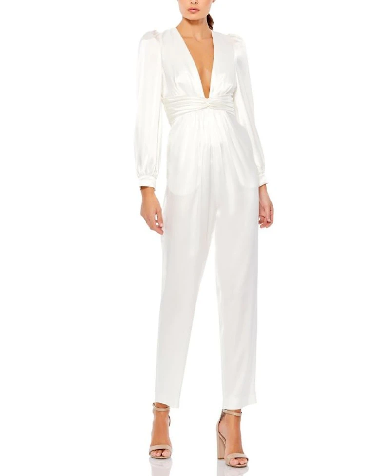 Front Twist Puff Sleeve Ruched Waist Detail Deep V Jumpsuit