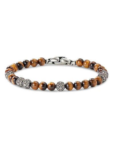 David Yurman Men's Sterling Silver Spiritual Beads Tigers Eye & Cognac Diamond Pave Beaded Bracelet