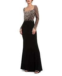 Beaded Embellished Square Neck Long Sleeve Jersey Gown