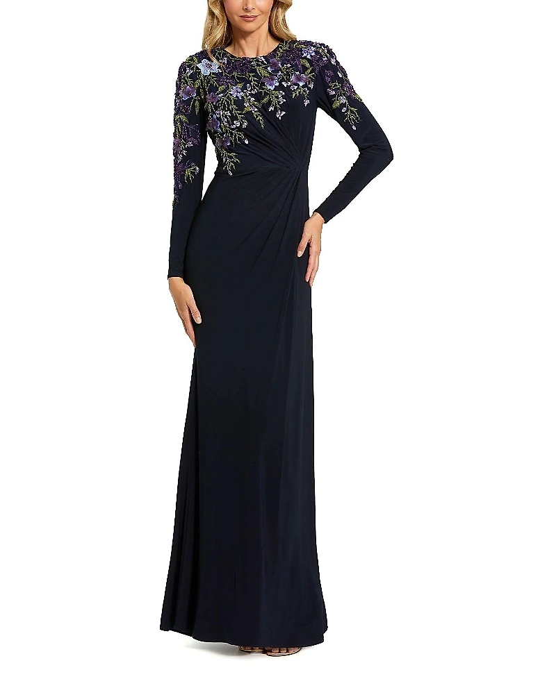 Mac Duggal Floral Embroidery Embellished Detail Long Sleeve Fitted Jersey Gown