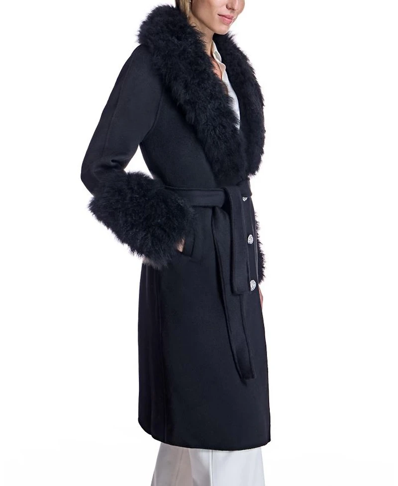 Belted Wool Coat with Rhinestone Button