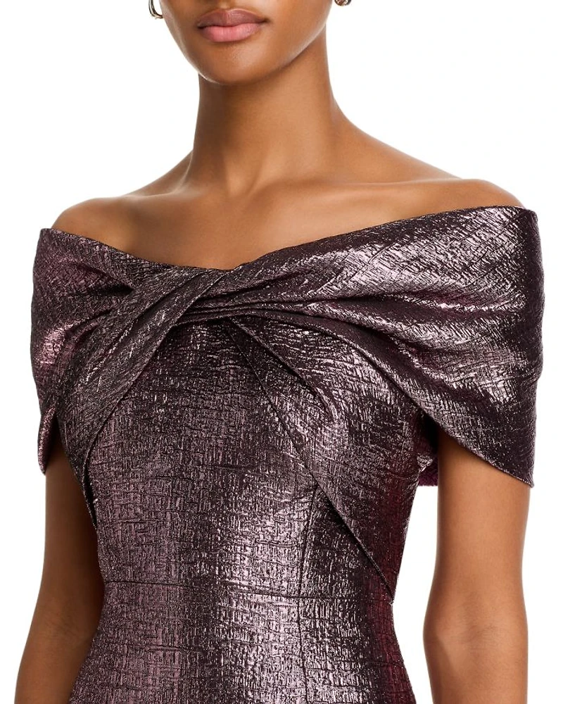 Metallic Jacquard Twist Bodice Off-the-Shoulder Gown