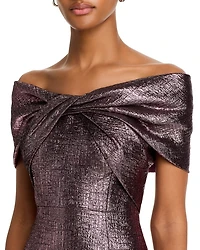 Metallic Jacquard Twist Bodice Off-the-Shoulder Gown