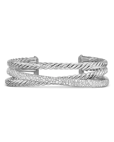 Three Row Cuff Bracelet in Sterling Silver with Diamonds, 20mm