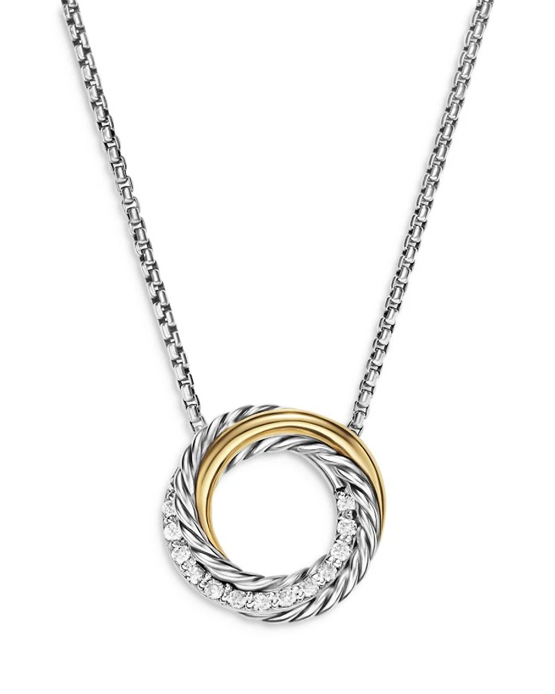 Crossover Pendant Necklace in Sterling Silver with 18K Yellow Gold and Diamonds, 14.5mm