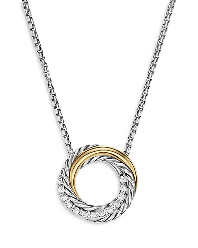 Crossover Pendant Necklace in Sterling Silver with 18K Yellow Gold and Diamonds, 14.5mm