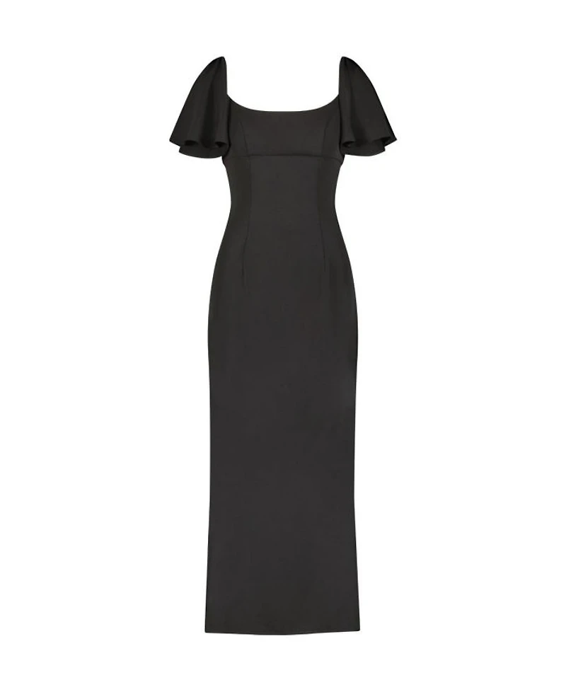 Crepe Ruffle Sleeve Fitted Maxi Dress
