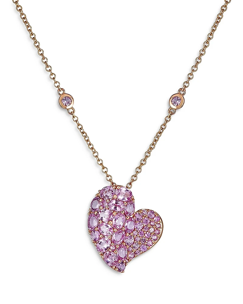 Piranesi 18K Rose Gold Medium Wave Heart Necklace with Pink Sapphires, 4.73 tcw