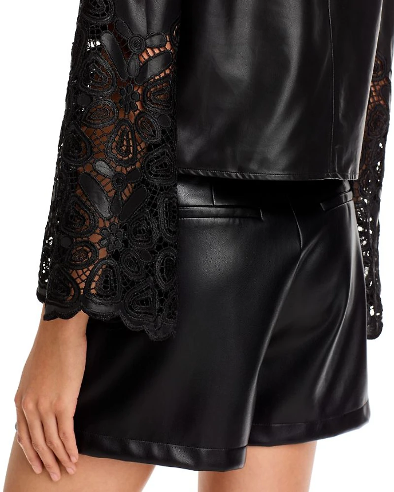 Lara Faux Leather Embroidered Long Sleeve Top