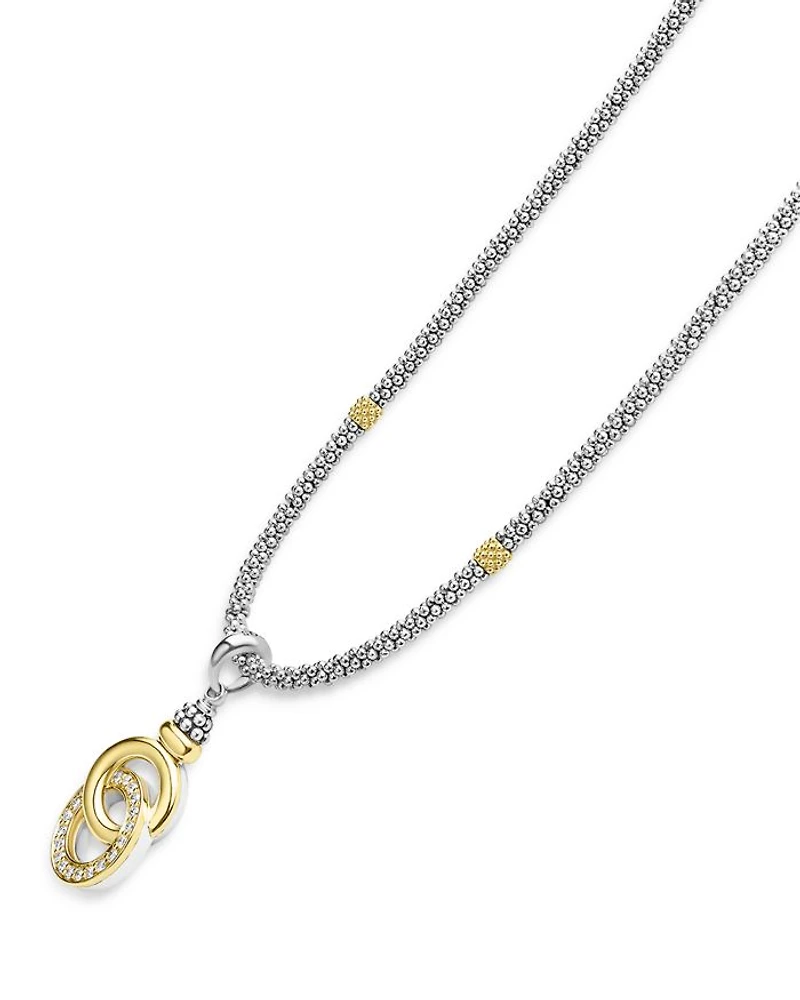 18K Yellow Gold & Sterling Silver Diamond Interlocking Ring Pendant Necklace, 18"