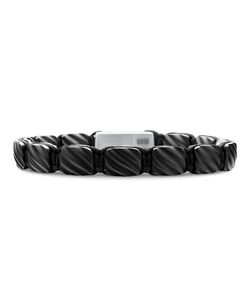 Men's Sculpted Cable Woven Tile Bracelet Black Titanium with Sterling Silver and Nylon, 8.5mm
