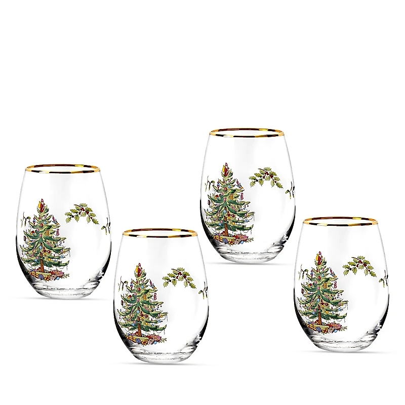 Spode Christmas Tree Stemless Wine Glasses, Set of 4