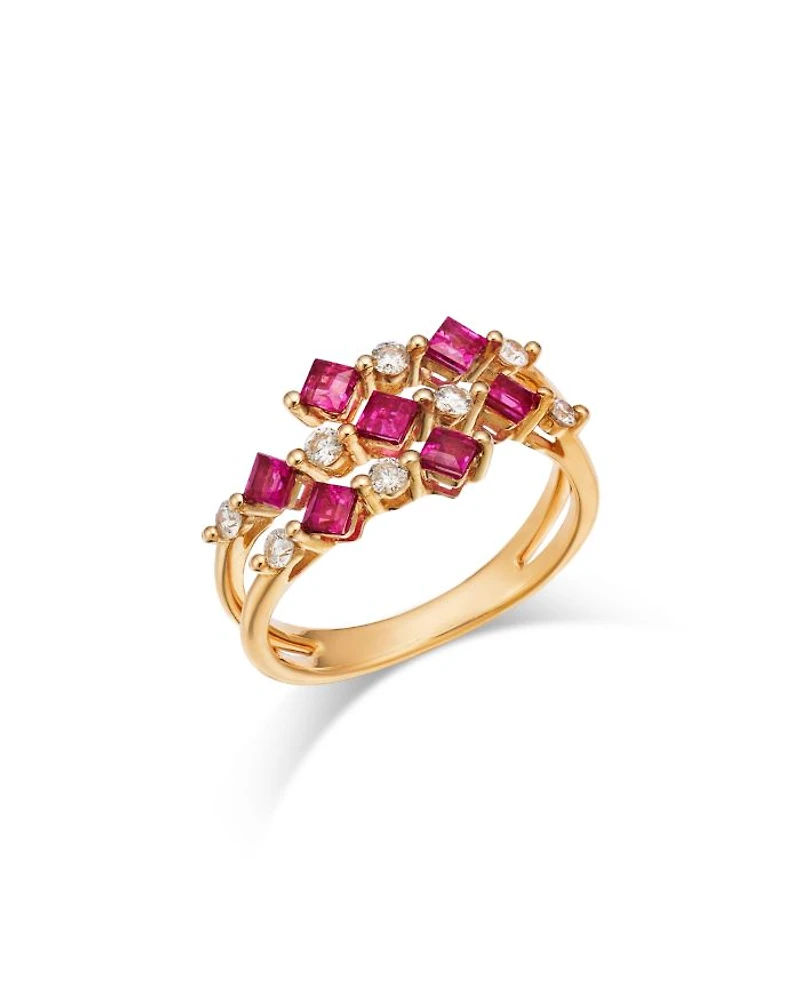 Ruby & Diamond Square & Round Openwork Ring in 14K Yellow Gold