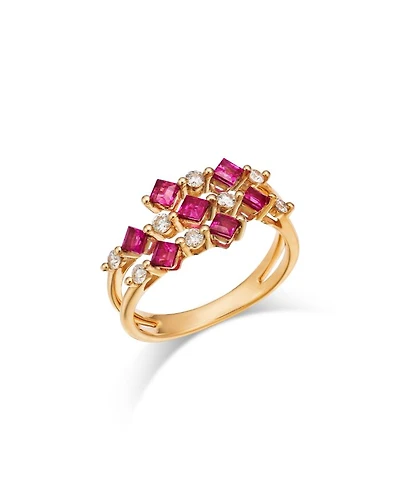 Ruby & Diamond Square & Round Openwork Ring in 14K Yellow Gold
