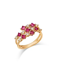 Ruby & Diamond Square & Round Openwork Ring in 14K Yellow Gold