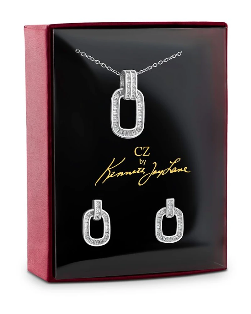 Baguette Cubic Zirconia Link Pendant Necklace & Stud Earrings Set in Rhodium Plated