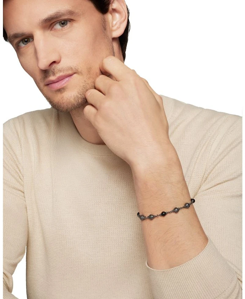 Men's Spiritual Beads Onyx & Black Diamond Pavé Rosary Style Bracelet in Sterling Silver