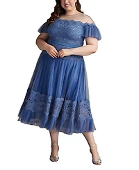 Tadashi Shoji Plus Elise Embroidered Pleated Tulle Midi Dress