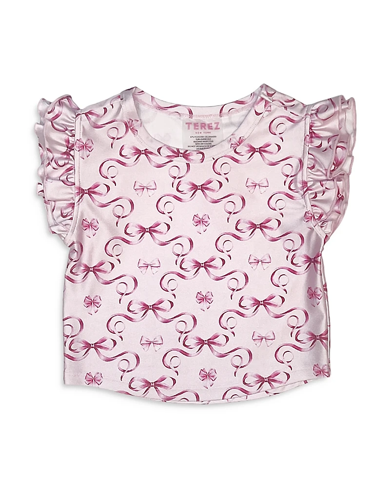 Terez Girls' Pink Bows Stretch Ruffle Sleeve Crop Top - Little Kid, Big Kid