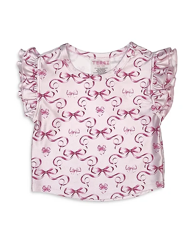 Terez Girls' Pink Bows Stretch Ruffle Sleeve Crop Top - Little Kid, Big Kid
