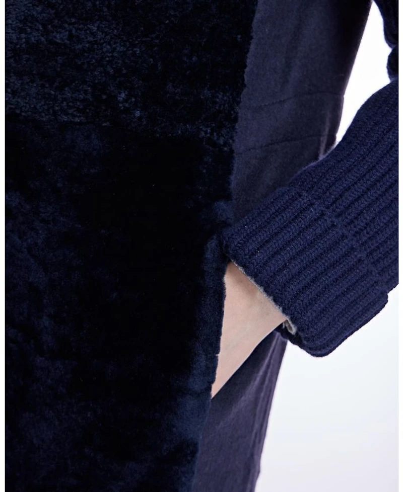 Hooded Shearling Coat with Knit Trim