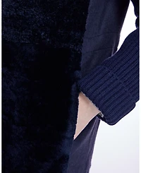 Hooded Shearling Coat with Knit Trim