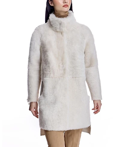 Mixed-Media Shearling Coat With Zipper Trim