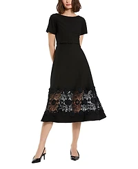 Mac Duggal Crepe Boat Neck Belted Midi Dress