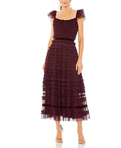 Mac Duggal Ruffle Cap Sleeve Tiered Midi Dress