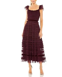 Mac Duggal Ruffle Cap Sleeve Tiered Midi Dress