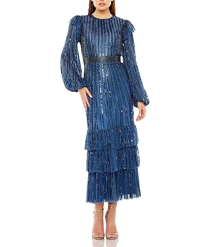 Mac Duggal Long Sleeve Ruffle Detail Sequin Dress